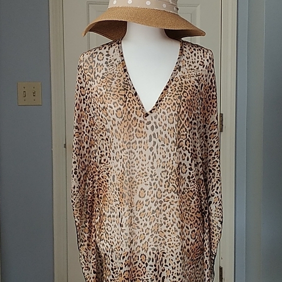Jordan Taylor Leopard Print Brown & Gold Shear Beach Caftan Coverup M - Picture 3 of 11